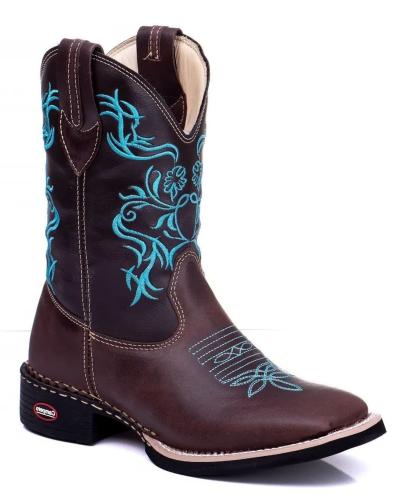 Bota texana Feminina bico quadrado Café/Azul Ref 708