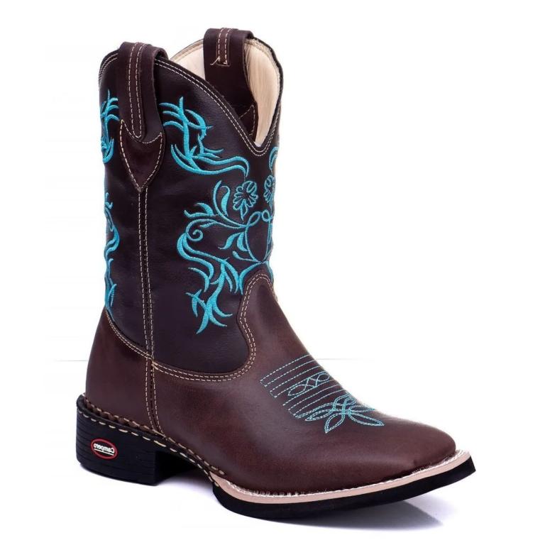 Bota texana Feminina bico quadrado Café/Azul Ref 708
